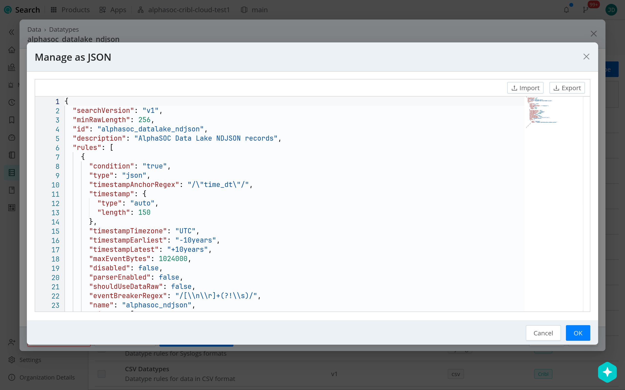 AlphaSOC Data Lake NDJSON datatype JSON configuration