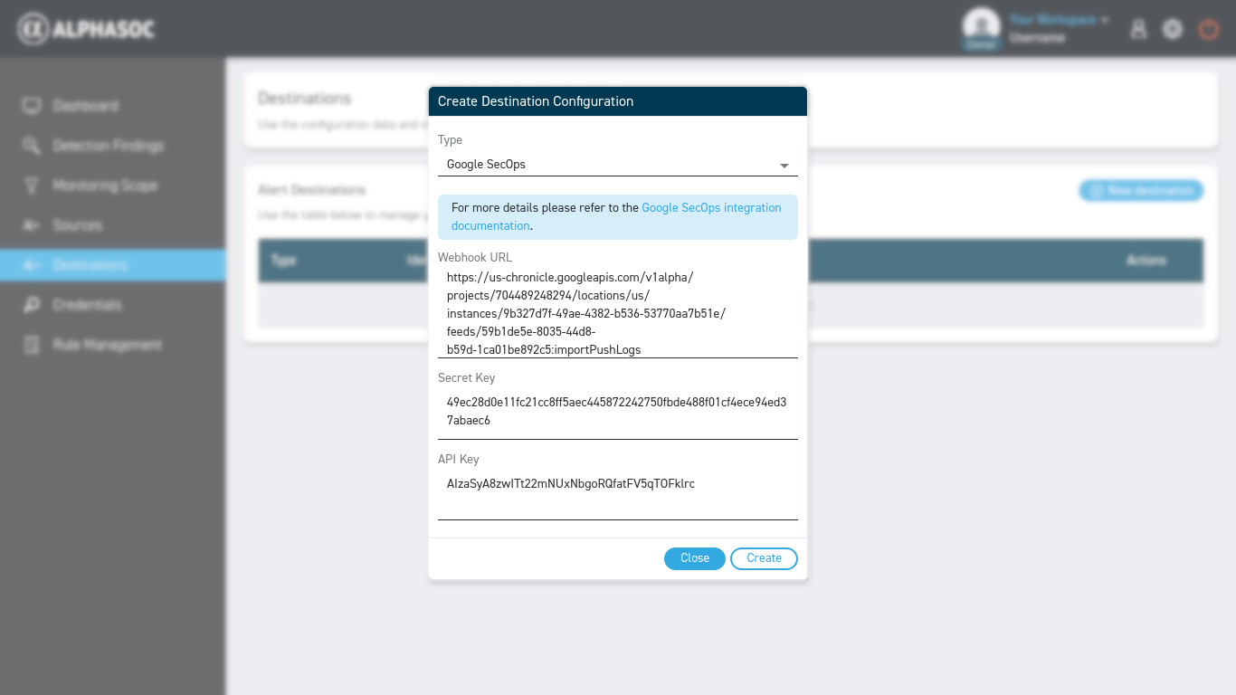 AlphaSOC console configure secops destination