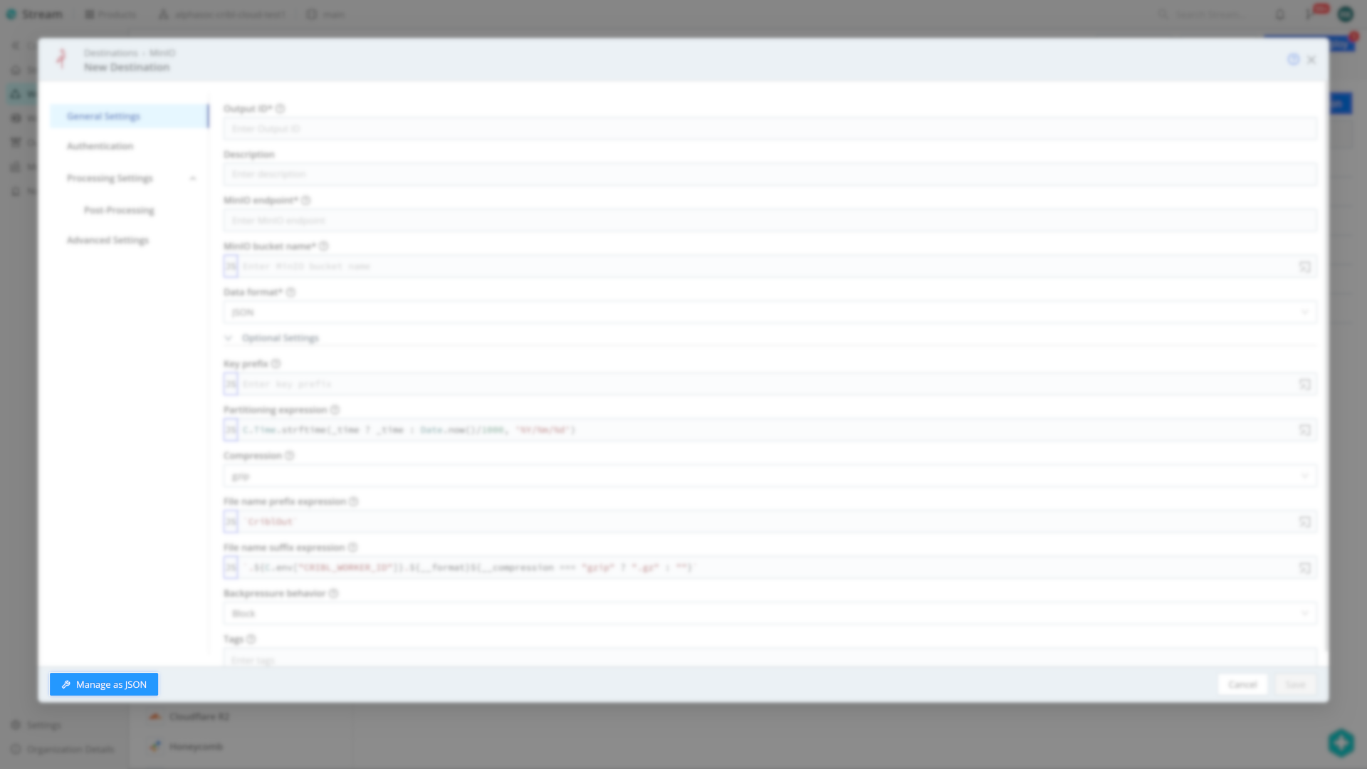 Cribl MinIO Manage as JSON