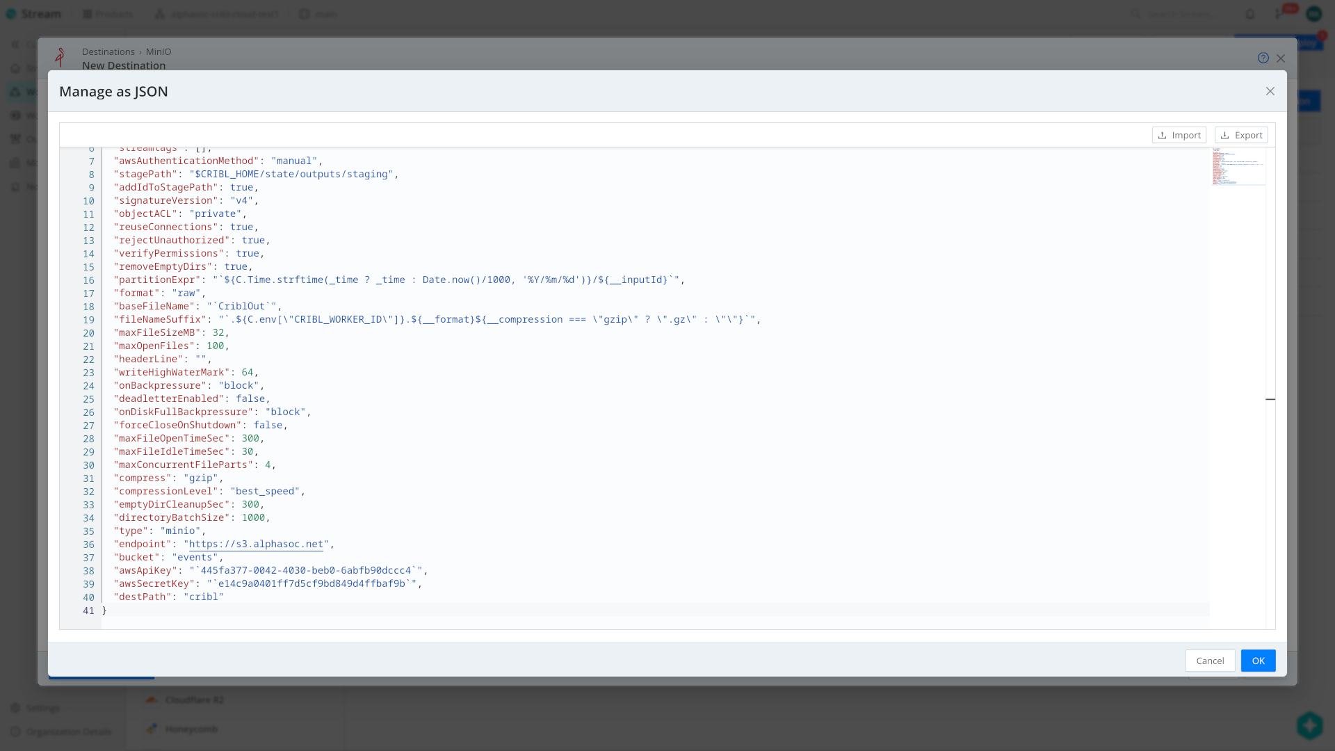 Cribl MinIO JSON configuration