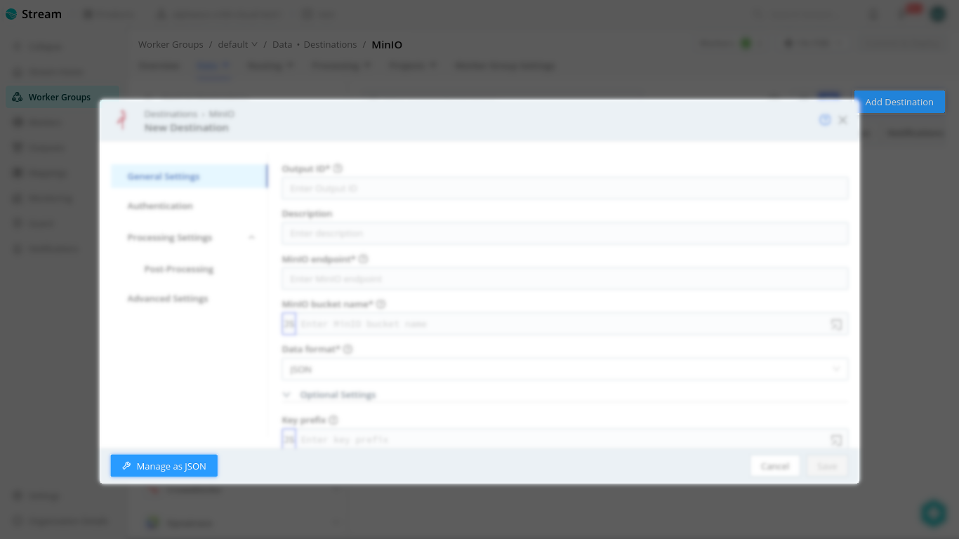 Cribl MinIO Manage as JSON