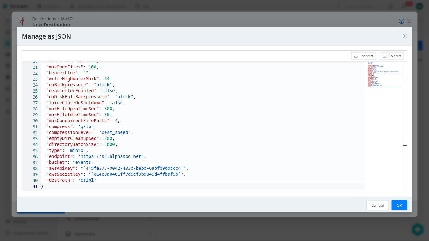 Cribl MinIO JSON configuration