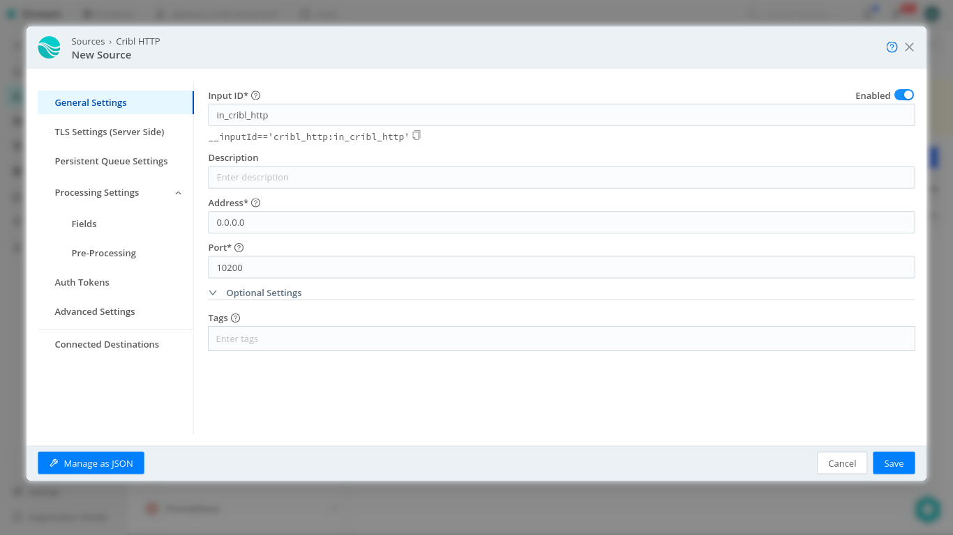 Cribl Inputs Crilb HTTP Config