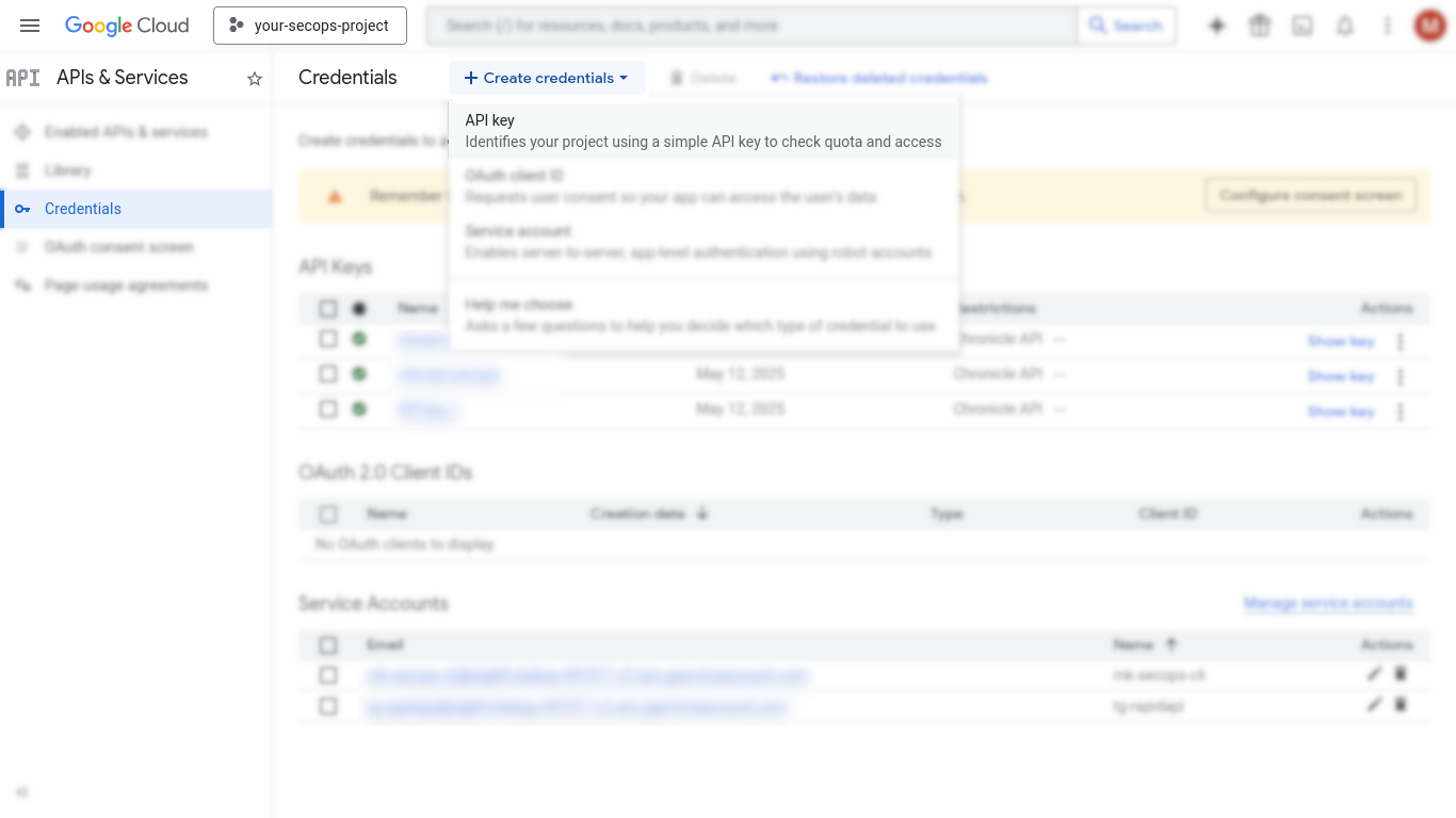 Google Cloud api credentials create