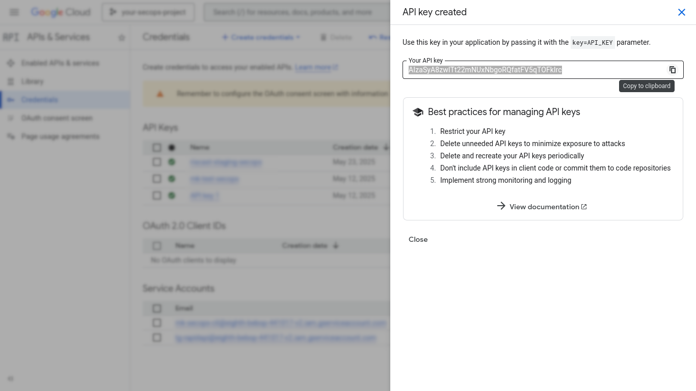 Google Cloud api credentials view
