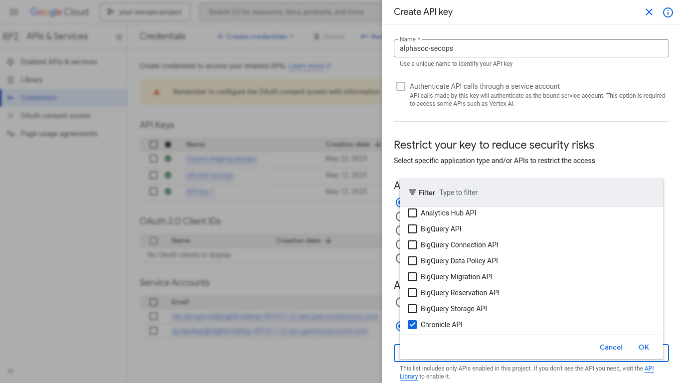 Google Cloud api credentials restrict