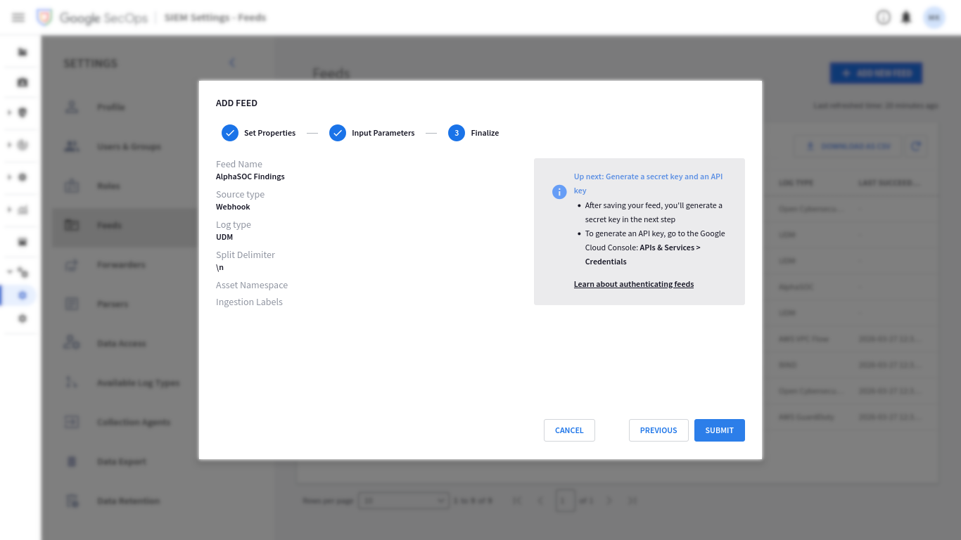 Google SecOps feed finalize