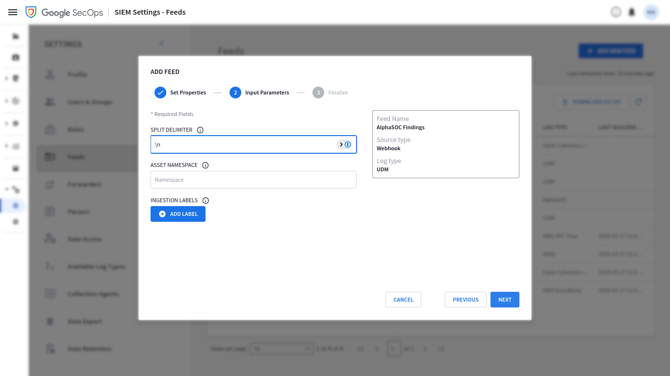 Google SecOps feed input parameters