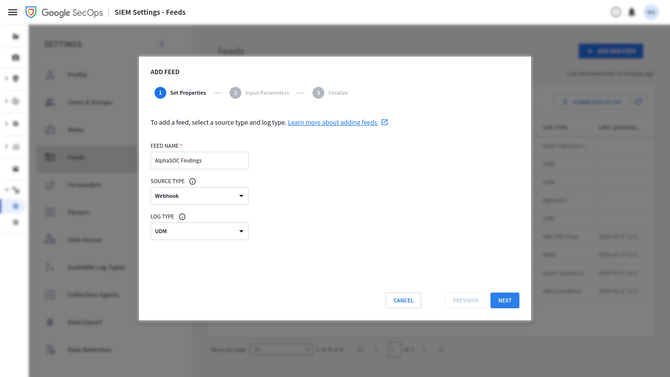 Google SecOps feed properties