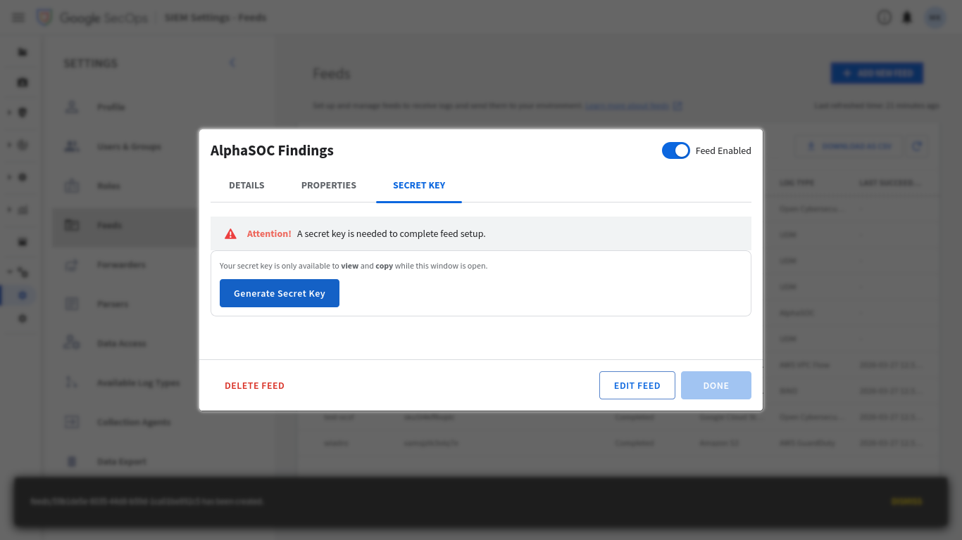 Google SecOps feed generate secret key