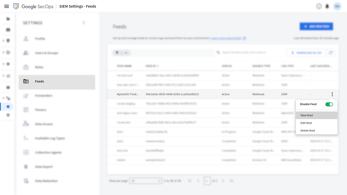 Google SecOps feed view