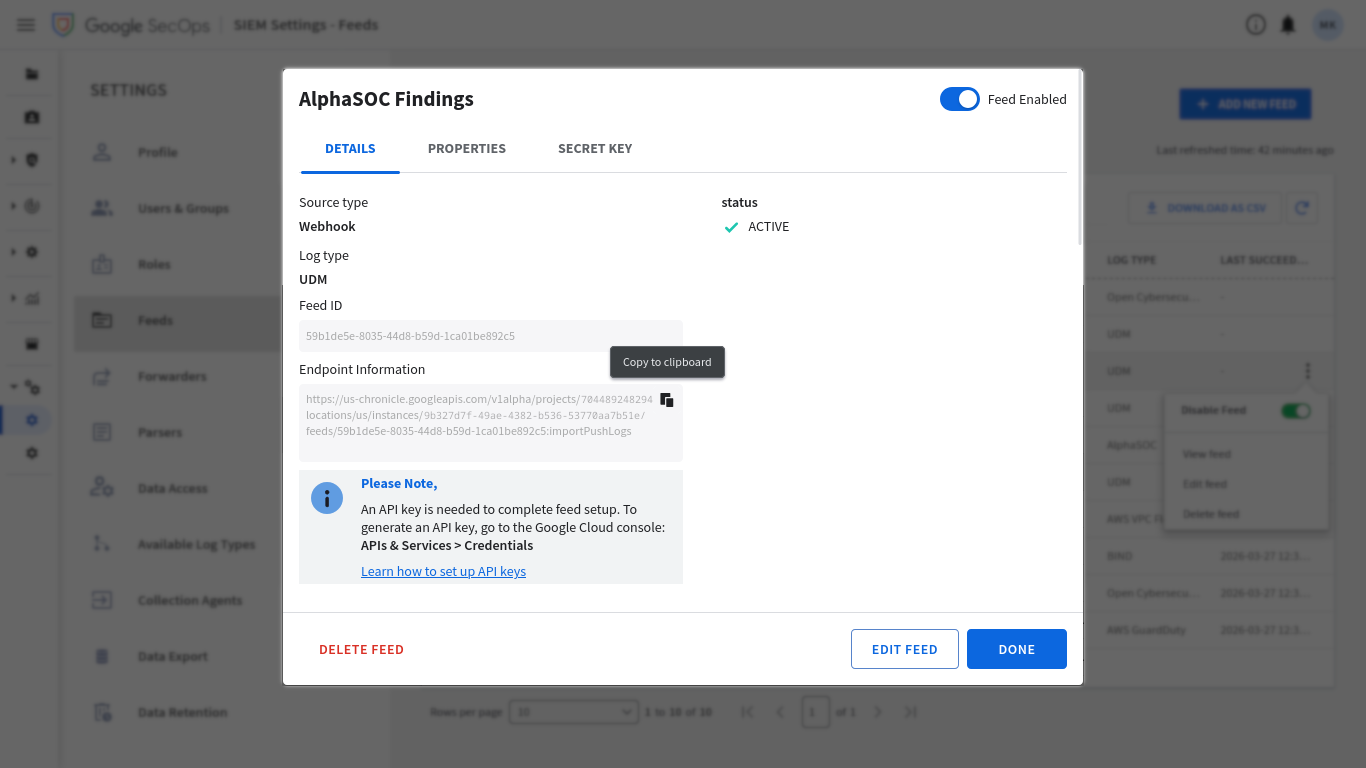 Google SecOps feed details
